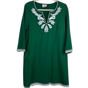 Tuckernuck "Miguelina" green embroidered, midi shift dress.